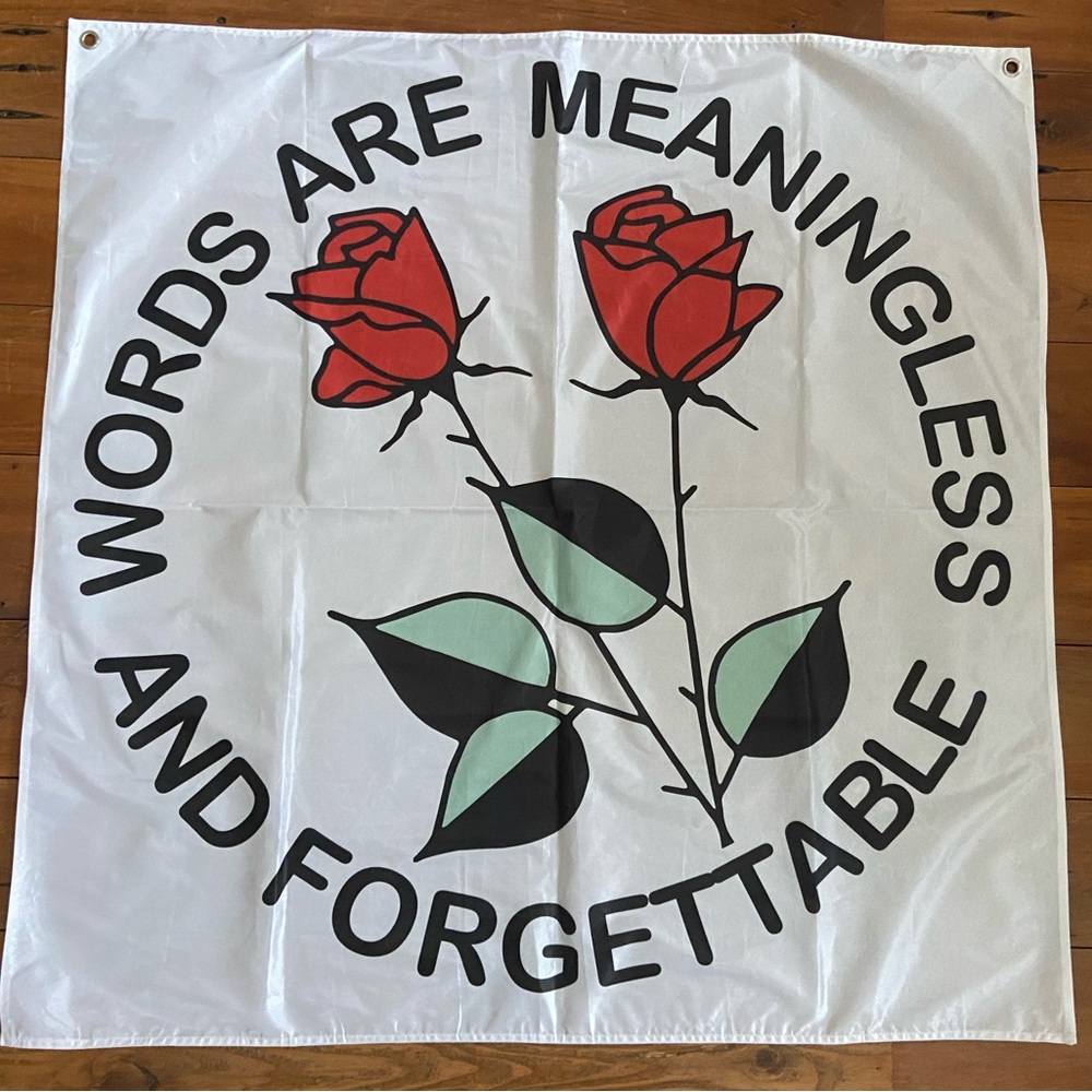 Tapestry Red Rose & Text “Words are Meaningless and Forgettable”, 46” x 46.5”